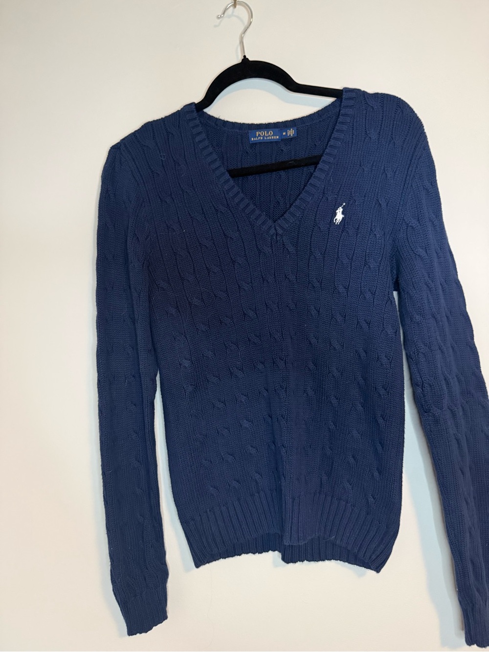 Ralph Lauren Men's Navy Cable V-Neck Sweater with White Pony